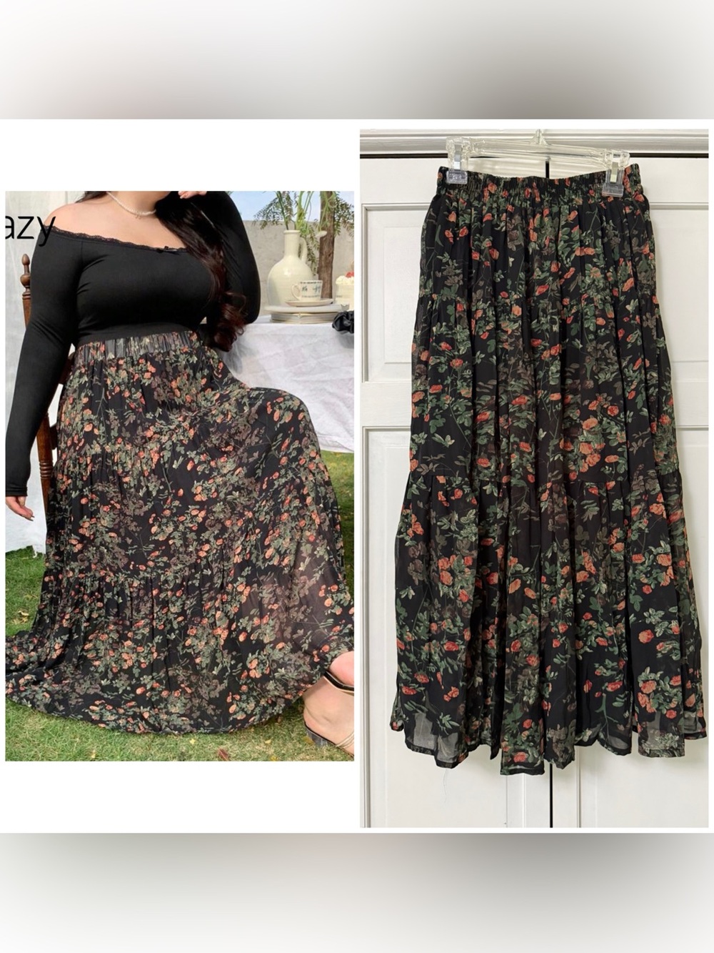 NWT Dazy/Shein Dark Floral Black Tiered Maxi Skirt FairyGrunge Romantic Garden